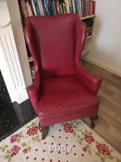 Vintage Red Leather Wingback Chair. Queen Anne Chair. Fireside Chair. Library