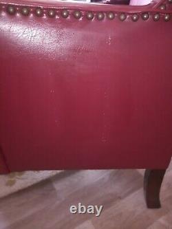 Vintage Red Leather Wingback Chair. Queen Anne Chair. Fireside Chair. Library