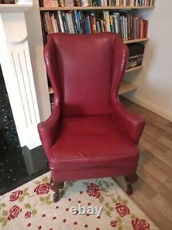 Vintage Red Leather Wingback Chair. Queen Anne Chair. Fireside Chair. Library