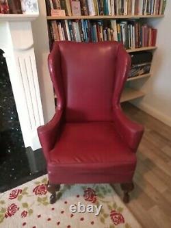 Vintage Red Leather Wingback Chair. Queen Anne Chair. Fireside Chair. Library