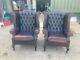 Vintage Red Ox Blood Colour Chesterfield Button Wingback Fireside Armchairs X 2