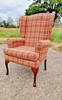 Vintage Tartan Wing Back Chair Fireside Smoking Chair Armchair Queen Anne Legs