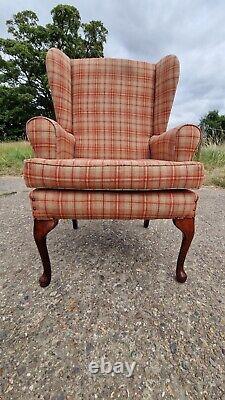 Vintage Tartan Wing Back Chair Fireside Smoking Chair Armchair Queen Anne Legs