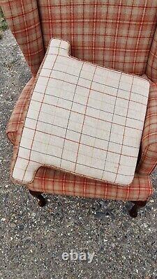 Vintage Tartan Wing Back Chair Fireside Smoking Chair Armchair Queen Anne Legs