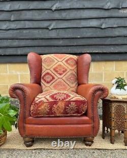 Vintage Tetrad Eastwood Leather Wingback Chair, Fireside, Kilm Fabric Mix