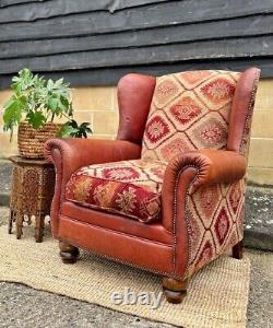 Vintage Tetrad Eastwood Leather Wingback Chair, Fireside, Kilm Fabric Mix