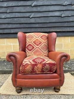 Vintage Tetrad Eastwood Leather Wingback Chair, Fireside, Kilm Fabric Mix