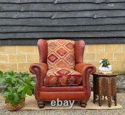 Vintage Tetrad Eastwood Leather Wingback Chair, Fireside, Kilm Fabric Mix