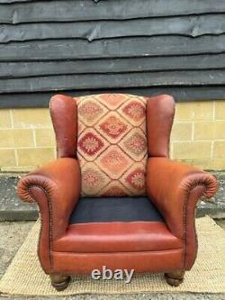 Vintage Tetrad Eastwood Leather Wingback Chair, Fireside, Kilm Fabric Mix
