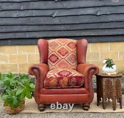 Vintage Tetrad Eastwood Leather Wingback Chair, Fireside, Kilm Fabric Mix
