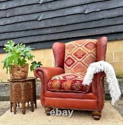 Vintage Tetrad Eastwood Leather Wingback Chair, Fireside, Kilm Fabric Mix