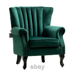 Vintage Velvet Armchair Button Scalloped Wing Back Chair Sofa Nailhead Fireside
