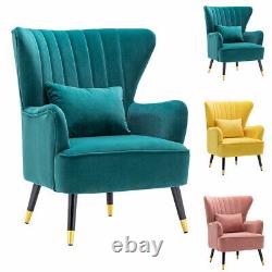Vintage Velvet Wing Back Armchair Oyster High Back Fireside Bedroom Lounge Chair