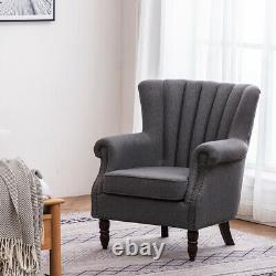 Vintage Wind Back Upholstered Linen Armchair Living Room Bedroom Fireside Chair
