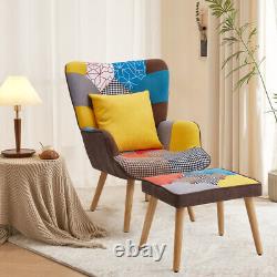 Vintage Wing Back Armchair &Footstool Fabric Accent Fireside Chair withWood Legs