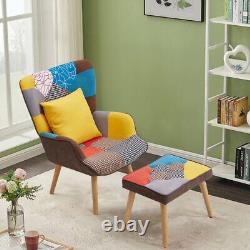 Vintage Wing Back Armchair &Footstool Fabric Accent Fireside Chair withWood Legs