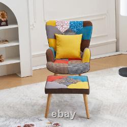 Vintage Wing Back Armchair &Footstool Fabric Accent Fireside Chair withWood Legs