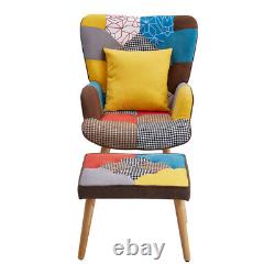 Vintage Wing Back Armchair &Footstool Fabric Accent Fireside Chair withWood Legs