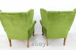 Vintage Wing Back Matching Pair of Fireside Armchairs Immaculate Green Velour
