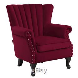 Vintage Winged Back Armchair Sofa Chair Velour In Red Wine Fireside Seat Lounge