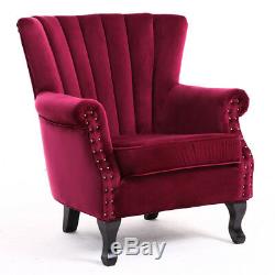 Vintage Winged Back Armchair Sofa Chair Velour In Red Wine Fireside Seat Lounge