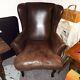 Vintage Comfortable Distressed Brown Soft Leather Wingback Chair Fireside