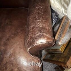 Vintage comfortable DISTRESSED BROWN soft LEATHER WINGBACK CHAIR FIRESIDE
