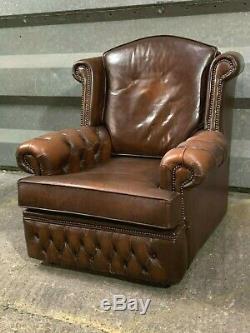 Vintage leather wingback chesterfield armchair studded lounge fireside chair