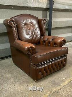 Vintage leather wingback chesterfield armchair studded lounge fireside chair