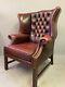 Vintage Oxblood Leather Wingback Fireside Chesterfield Armchair