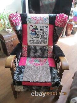 Vintage wingback fireside armchair patchwork Alice in Wonderland