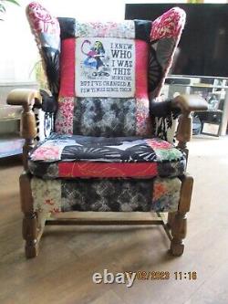Vintage wingback fireside armchair patchwork Alice in Wonderland