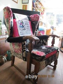 Vintage wingback fireside armchair patchwork Alice in Wonderland