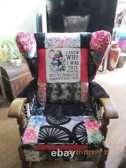 Vintage wingback fireside armchair patchwork Alice in Wonderland