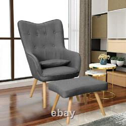 WING BACK LINEN ACCENT ARMCHAIR TUB CHAIR HOME FIRESIDE BEDROOM SEAT WithFOOTSTOOL