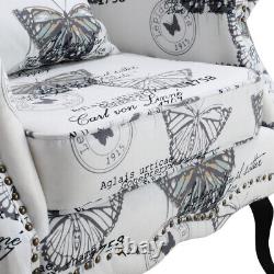 White Butterfly Velvet Upholstered Wing Back Queen Anne Fireside Sofa Armchair