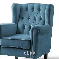 Windsor Chesterfield Velvet Armchair Wing Back Queen Anne High Fireside Chair