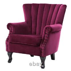 Wine Red Velvet Scallop Back Armchair Chesterfield Wing Back Chair Fireside Sofa