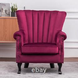 Wine Red Velvet Scallop Back Armchair Chesterfield Wing Back Chair Fireside Sofa