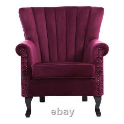 Wine Red Velvet Scallop Back Armchair Chesterfield Wing Back Chair Fireside Sofa