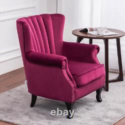 Wine Red Velvet Scallop Back Armchair Chesterfield Wing Back Chair Fireside Sofa