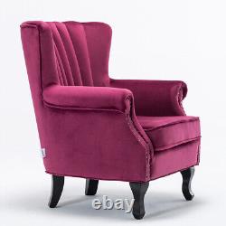 Wine Red Velvet Scallop Back Armchair Chesterfield Wing Back Chair Fireside Sofa