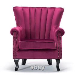 Wine Red Velvet Scallop Back Armchair Chesterfield Wing Back Chair Fireside Sofa