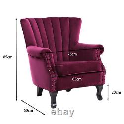 Wine Red Velvet Scallop Back Armchair Chesterfield Wing Back Chair Fireside Sofa