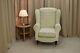 Wingback Fireside Chair Beige Check Fabric Easy Armchair + Front Castors Uk