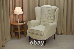 WingBack Fireside Chair Beige Check Fabric Easy Armchair + Front Castors UK