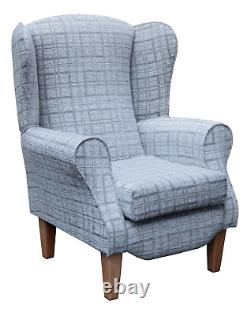 WingBack Fireside Chair Grey Plaid Fabric Easy Armchair + Tapered Wood Legs