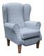 Wingback Fireside Chair Grey Plaid Fabric Easy Armchair + Tapered Wood Legs