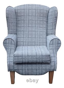 WingBack Fireside Chair Grey Plaid Fabric Easy Armchair + Tapered Wood Legs