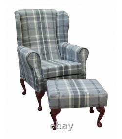 WingBack Fireside Chair & Matching Stool in Dove Grey Tartan Fabric